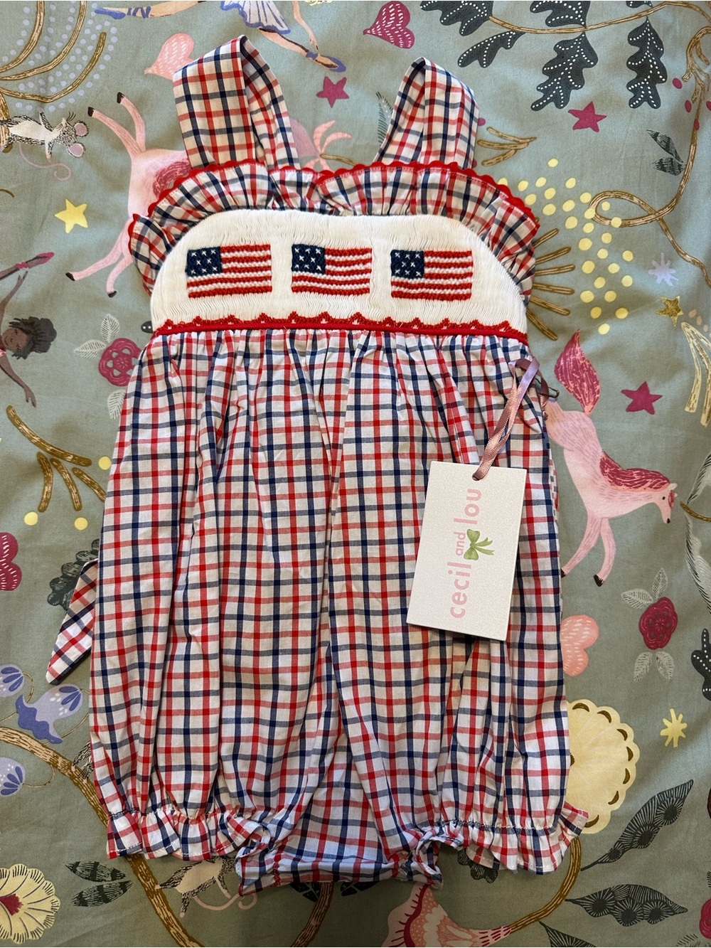 Girls 6M Smocked American Flag Plaid Bubble - Cecil and Lou - Red/white/blue